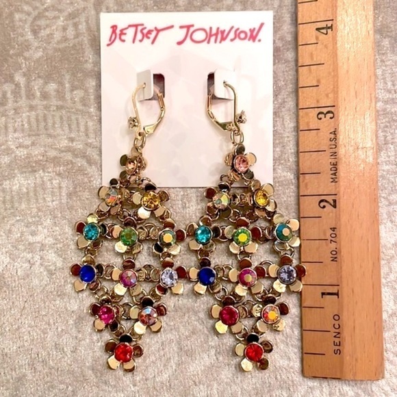Brand New Betsey Johnson Colorful Flower Necklace & Drop Earring Set Gold Tone - Picture 8 of 11